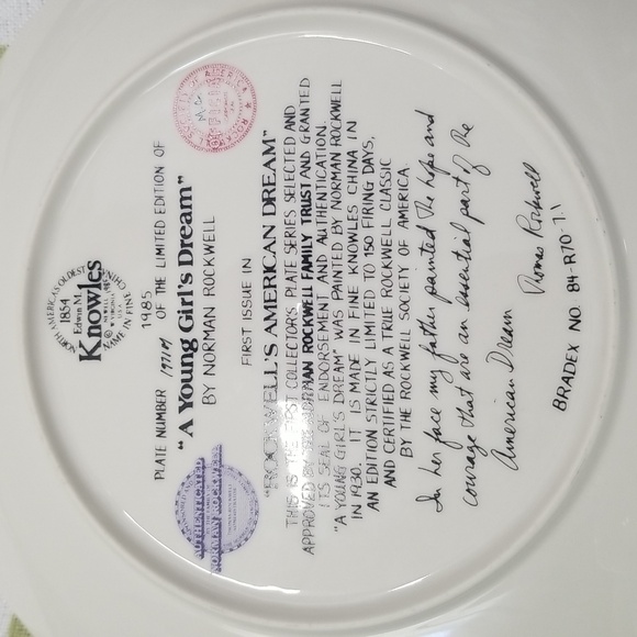 P2a- Knowles Norman Rockwell "A Young Girl's Dream" 1985 LE Collector's Plate - Picture 6 of 9